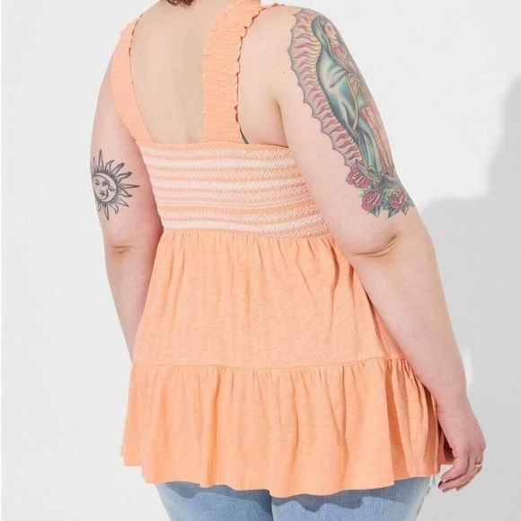 Torrid 4 Plus Smocked Babydoll Blouse Peach Ruffle Strap Cottagecore Festival - Picture 12 of 14